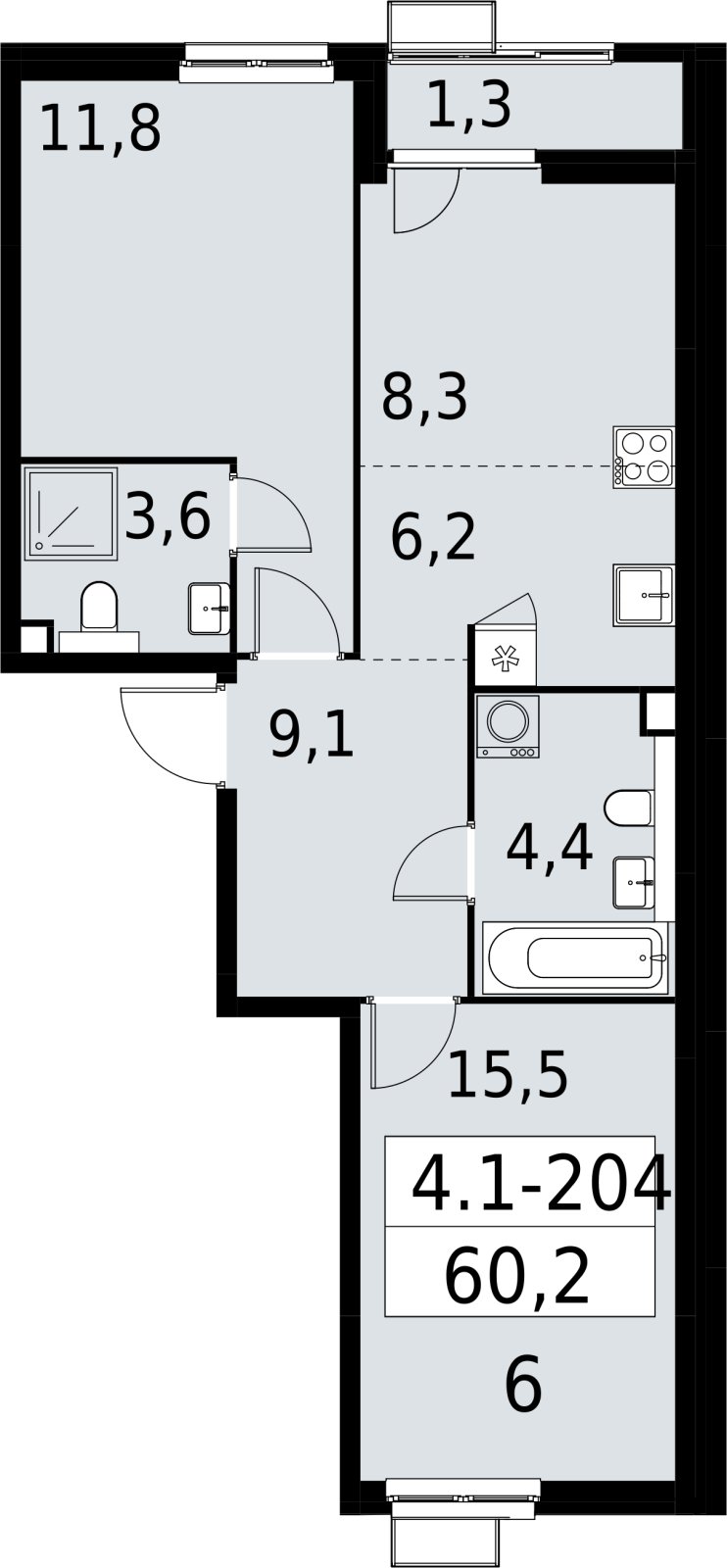 3-комнатная квартира (евро) с полной отделкой, 60.2 м2, 2 этаж, сдача 2 квартал 2027 г., ЖК Южные сады, корпус 4.1.2 - объявление 2392729 - фото №1