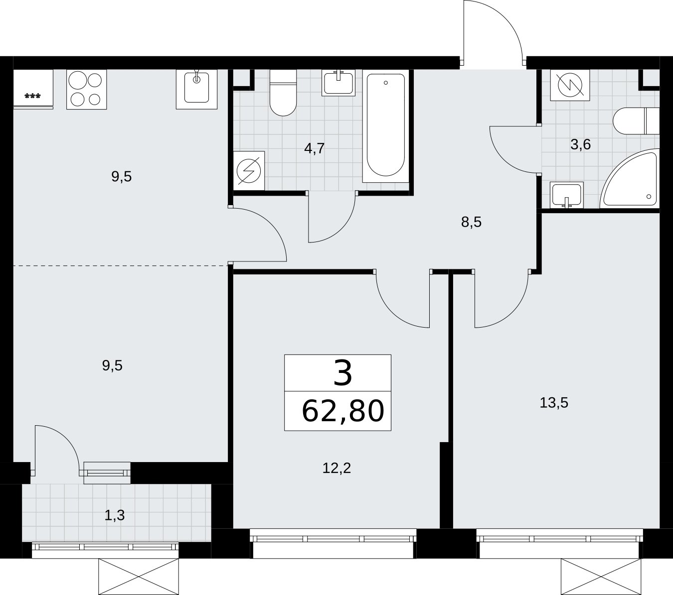3-комнатная квартира (евро) без отделки, 62.8 м2, 2 этаж, сдача 3 квартал 2026 г., ЖК Родные кварталы, корпус 2 - объявление 2295658 - фото №1