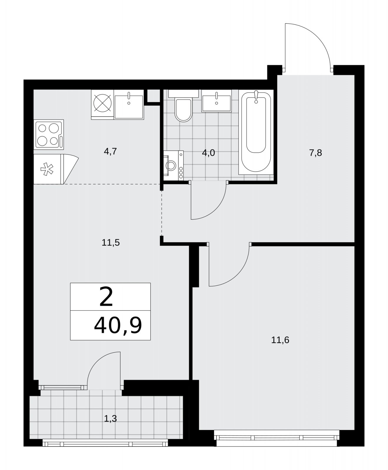 2-комнатная квартира (евро) с частичной отделкой, 40.9 м2, 2 этаж, сдача 2 квартал 2026 г., ЖК Деснаречье, корпус 4.4 - объявление 2264252 - фото №1