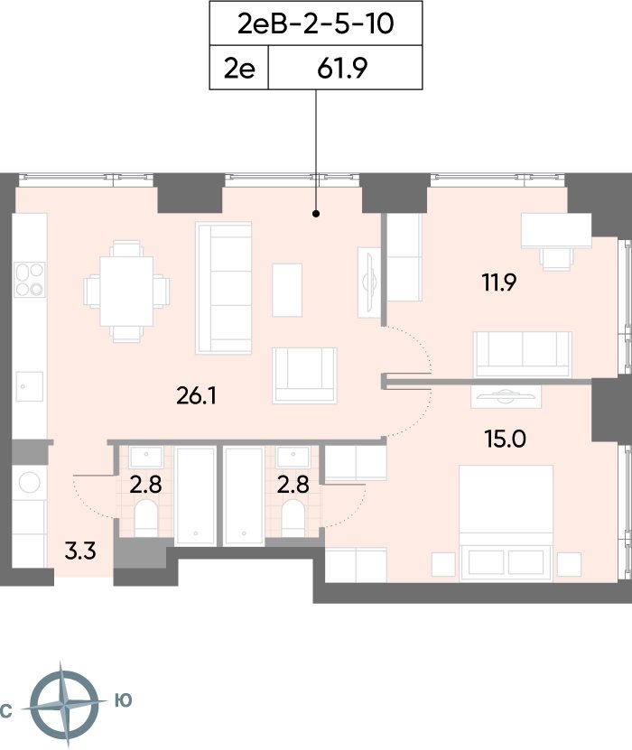 2-комнатная квартира 61.9 м2, 5 этаж, сдача 2 квартал 2026 г., ЖК WAVE, корпус 1 - объявление 2185818 - фото №1