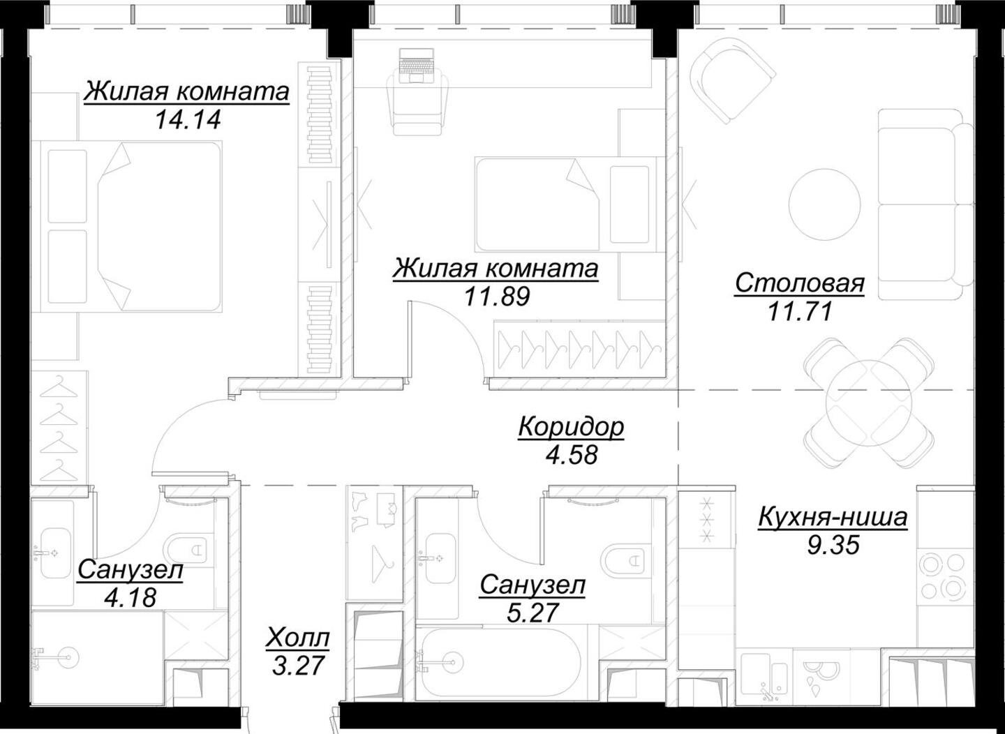2-комнатная квартира с частичной отделкой, 64.24 м2, 44 этаж, сдача 4 квартал 2024 г., ЖК MOD, корпус Mann - объявление 2191545 - фото №1