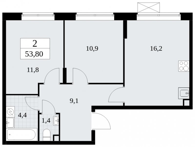 2-комнатная квартира без отделки, 53.8 м2, 2 этаж, сдача 1 квартал 2025 г., ЖК Прокшино, корпус 5.1.3 - объявление 1810863 - фото №1