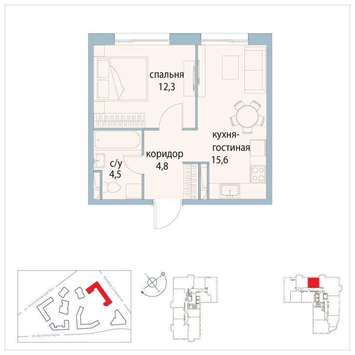 1-комнатная квартира без отделки, 37.2 м2, 20 этаж, сдача 3 квартал 2025 г., ЖК Символ, корпус 31 (квартал "Вдохновение") - объявление 1763446 - фото №1