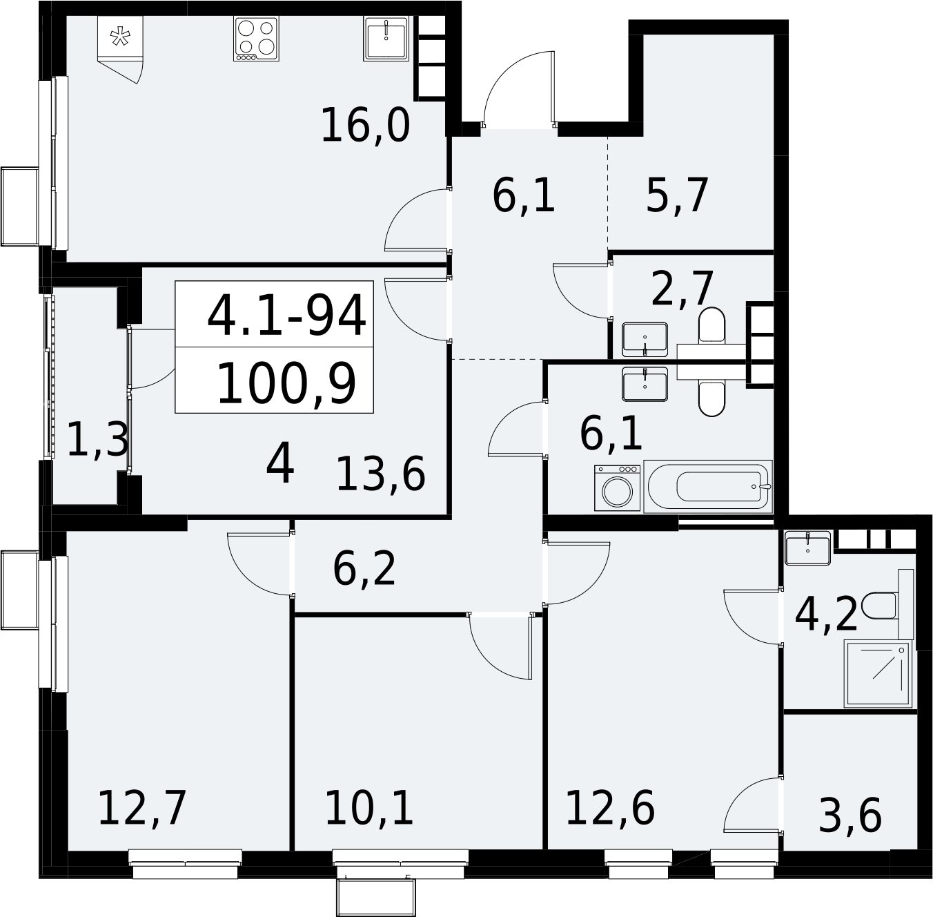 4-комнатная квартира с полной отделкой, 100.9 м2, 17 этаж, сдача 2 квартал 2027 г., ЖК Южные сады, корпус 4.1.1 - объявление 2392635 - фото №1