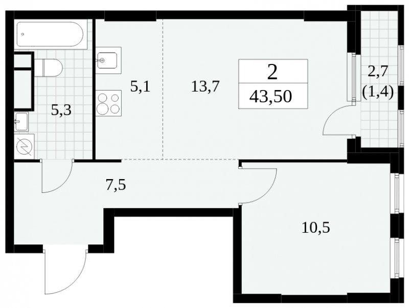 2-комнатная квартира (евро) без отделки, 43.5 м2, 6 этаж, сдача 2 квартал 2025 г., ЖК Южные сады, корпус 2.3 - объявление 1758143 - фото №1
