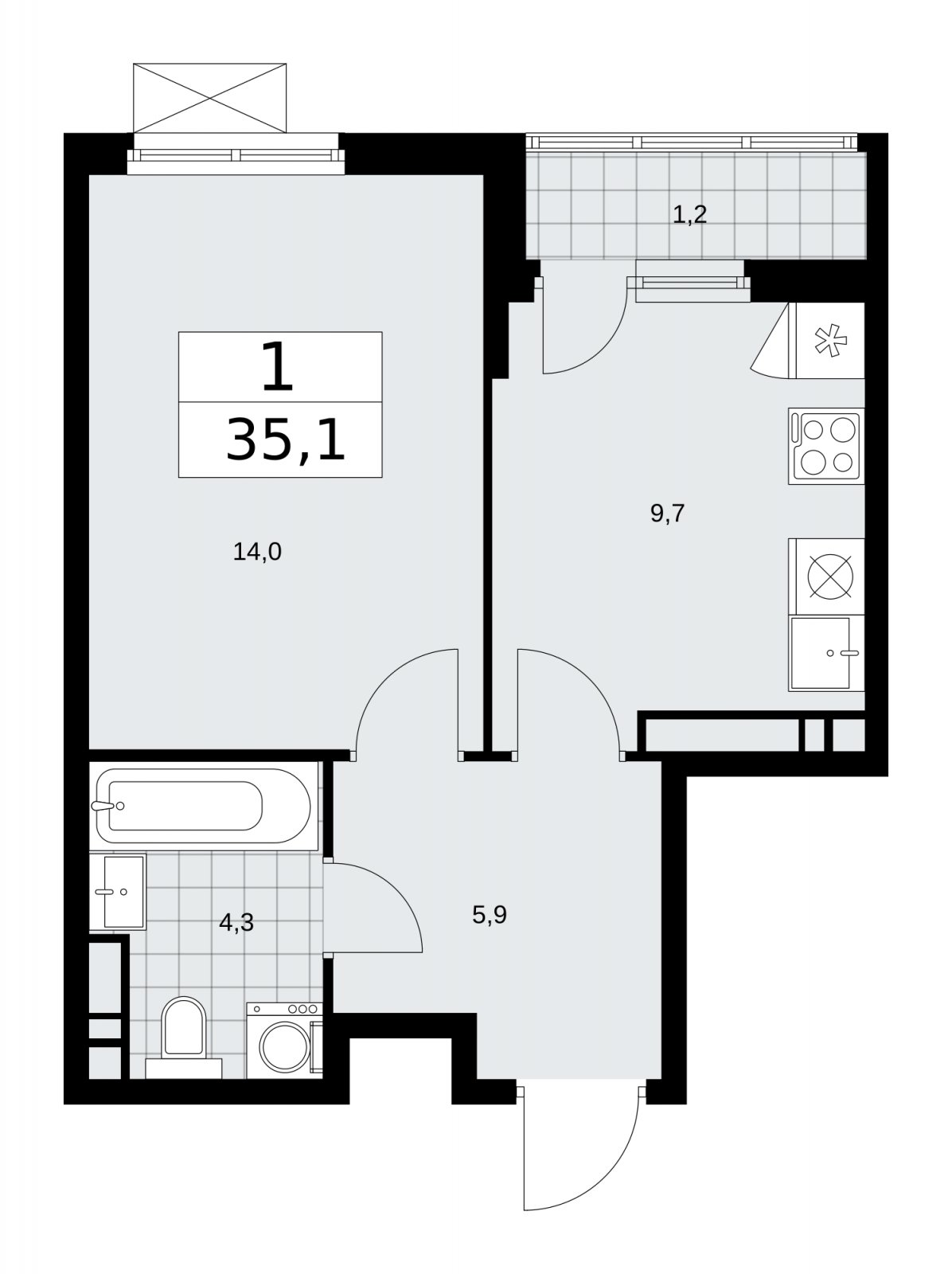 1-комнатная квартира без отделки, 35.1 м2, 12 этаж, сдача 4 квартал 2025 г., ЖК Прокшино, корпус 11.1.4 - объявление 2257833 - фото №1