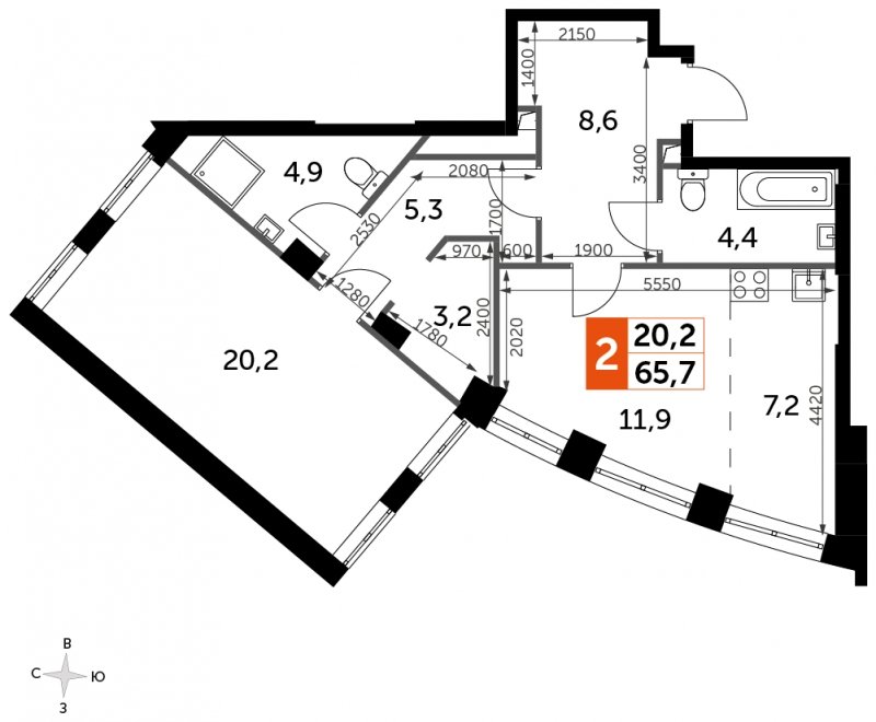 1-комнатная квартира с частичной отделкой, 65.7 м2, 17 этаж, сдача 3 квартал 2024 г., ЖК Sydney City, корпус 2.2 - объявление 1685436 - фото №1