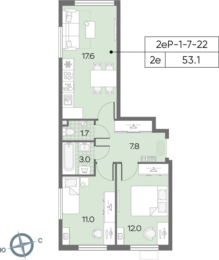 2-комнатная квартира с полной отделкой, 53.1 м2, 17 этаж, сдача 3 квартал 2024 г., ЖК Лучи, корпус 15 - объявление 2261047 - фото №1