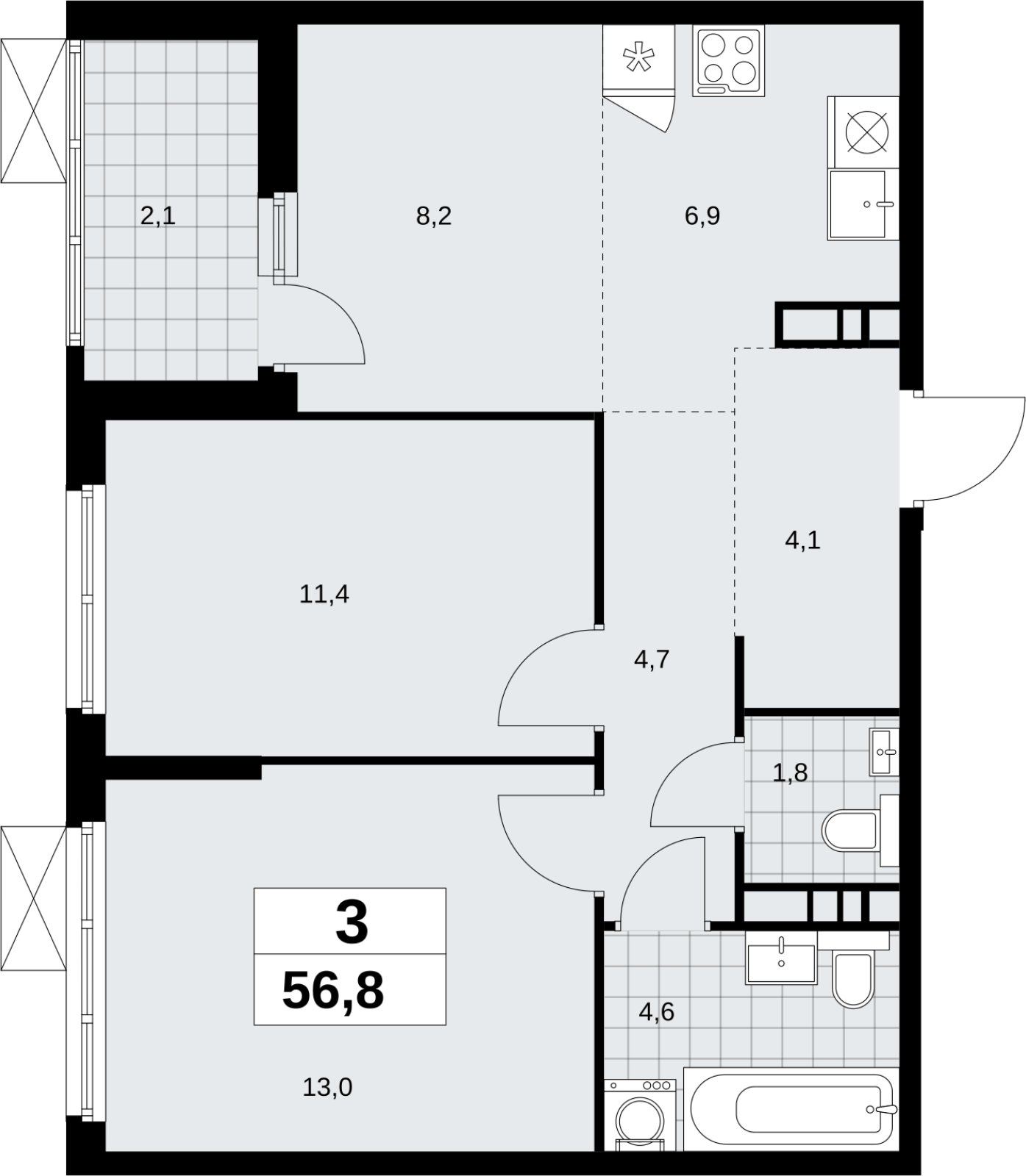 3-комнатная квартира (евро) без отделки, 56.8 м2, 4 этаж, сдача 4 квартал 2026 г., ЖК Скандинавия, корпус 2.18.1.1 - объявление 2350579 - фото №1