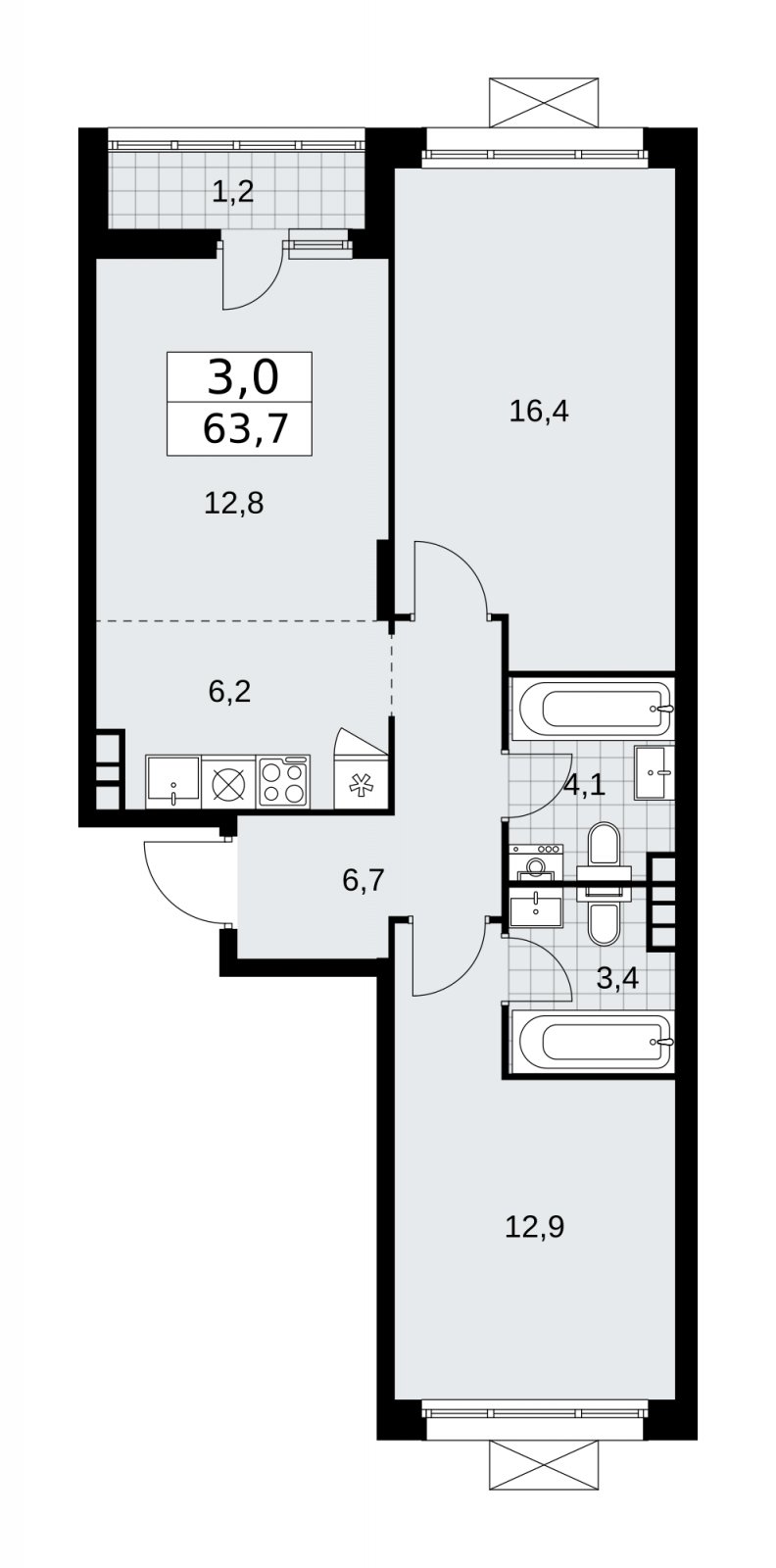 3-комнатная квартира (евро) с частичной отделкой, 63.7 м2, 12 этаж, сдача 2 квартал 2026 г., ЖК Прокшино, корпус 10.1.4 - объявление 2227481 - фото №1