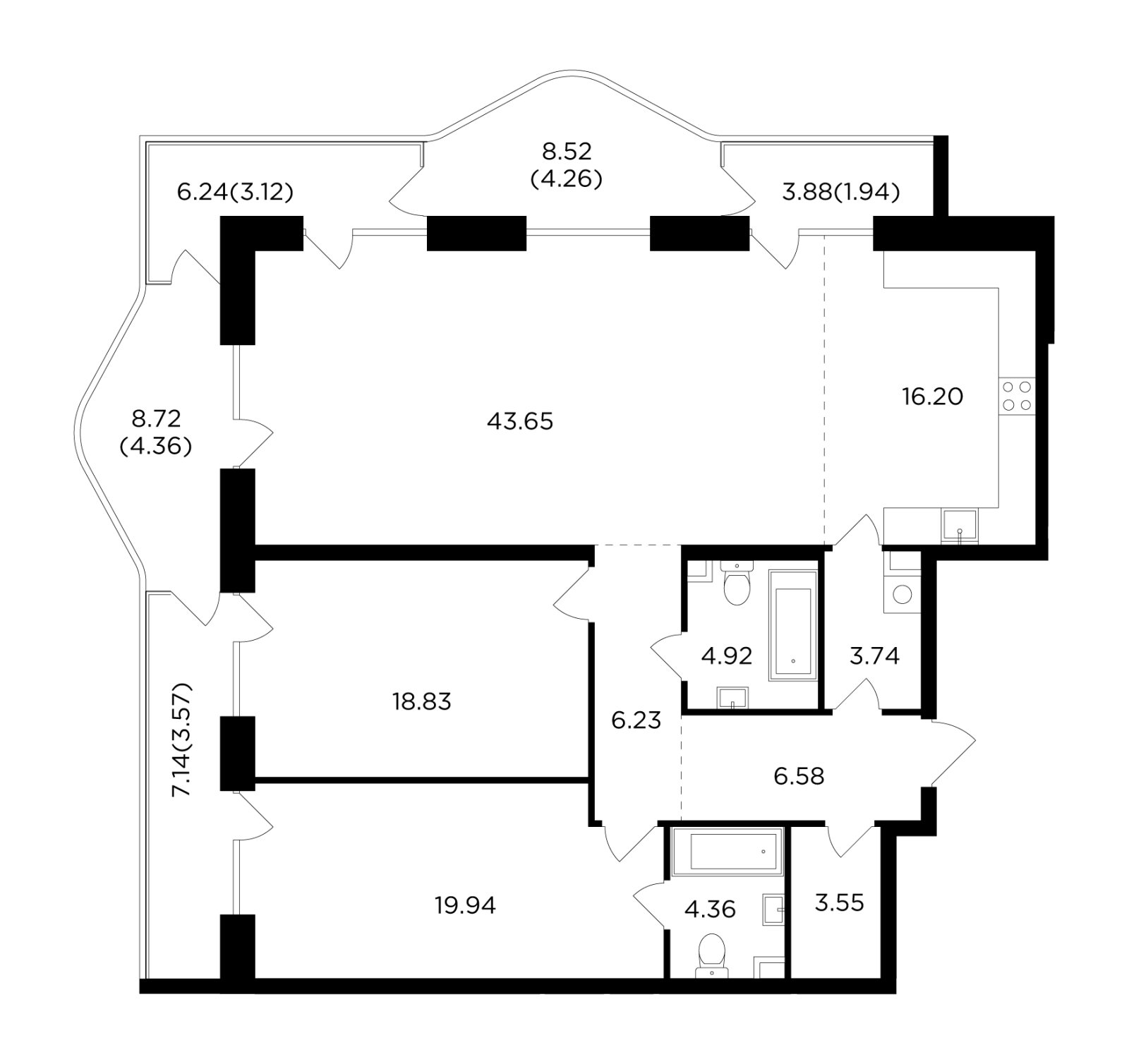 3-комнатная квартира с частичной отделкой, 111.86 м2, 13 этаж, дом сдан, ЖК FORIVER, корпус 4 - объявление 2371368 - фото №1