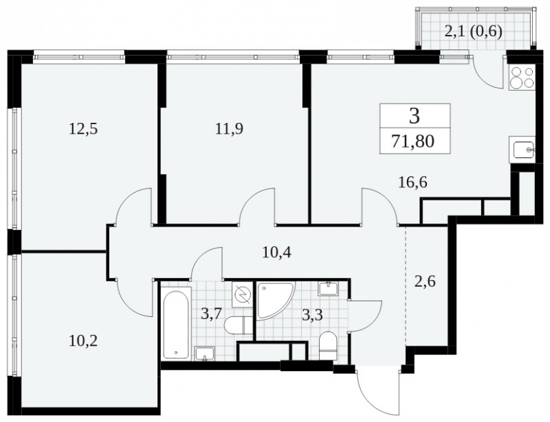 3-комнатная квартира без отделки, 71.8 м2, 27 этаж, сдача 2 квартал 2025 г., ЖК Южные сады, корпус 2.3 - объявление 1758412 - фото №1