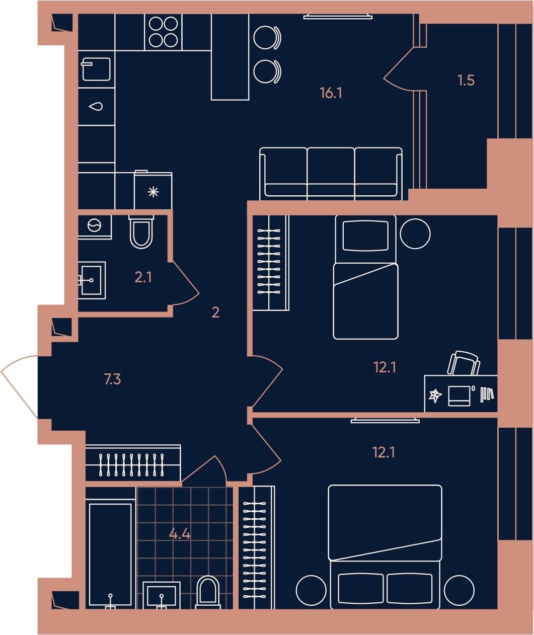3-комнатная квартира (евро) с частичной отделкой, 57.6 м2, 11 этаж, сдача 3 квартал 2026 г., ЖК ERA, корпус 2 - объявление 2280042 - фото №1
