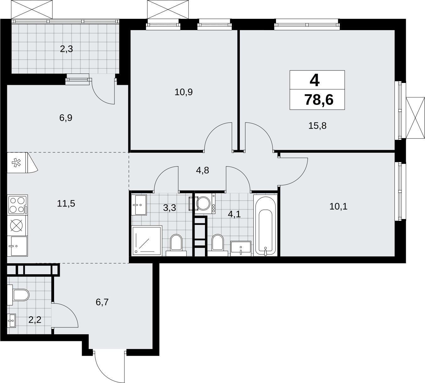 4-комнатная квартира (евро) без отделки, 78.6 м2, 8 этаж, сдача 4 квартал 2026 г., ЖК Скандинавия, корпус 2.18.1.1 - объявление 2350605 - фото №1