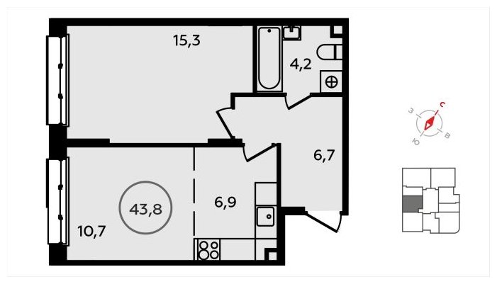 2-комнатная квартира (евро) без отделки, 43.8 м2, 2 этаж, сдача 3 квартал 2024 г., ЖК Скандинавия, корпус 2.22.1 - объявление 1625186 - фото №1