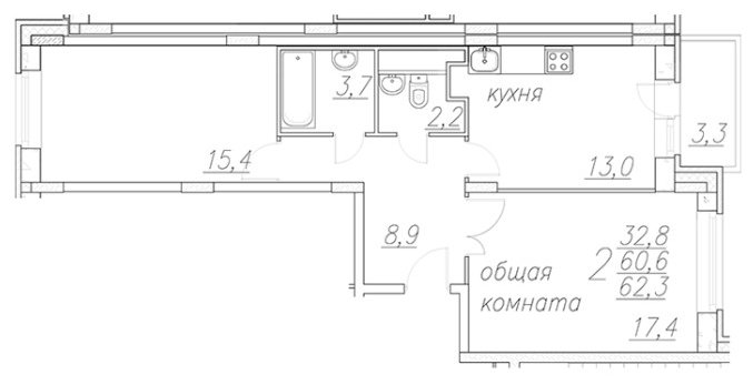 2-комнатная квартира без отделки, 62.3 м2, 9 этаж, дом сдан, ЖК Полет Ногинск, корпус 10 - объявление 1706228 - фото №1