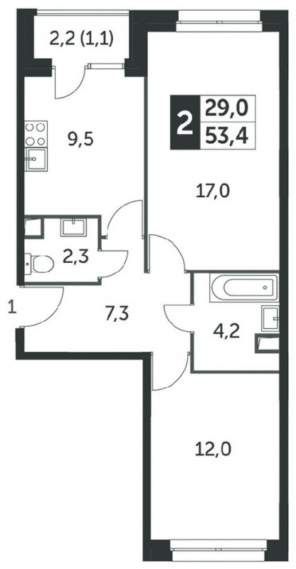 2-комнатная квартира без отделки, 53.7 м2, 2 этаж, сдача 4 квартал 2023 г., ЖК Датский квартал, корпус 2 - объявление 1568394 - фото №1
