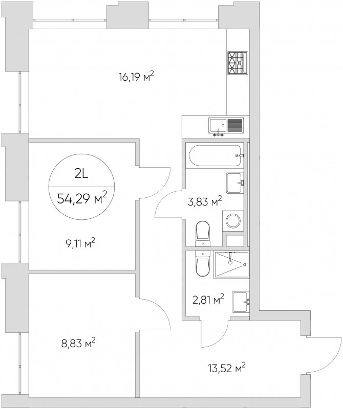 2-комнатные апартаменты с частичной отделкой, 54.29 м2, 15 этаж, сдача 1 квартал 2024 г., ЖК N'ICE LOFT, корпус 6 - объявление 1634974 - фото №1