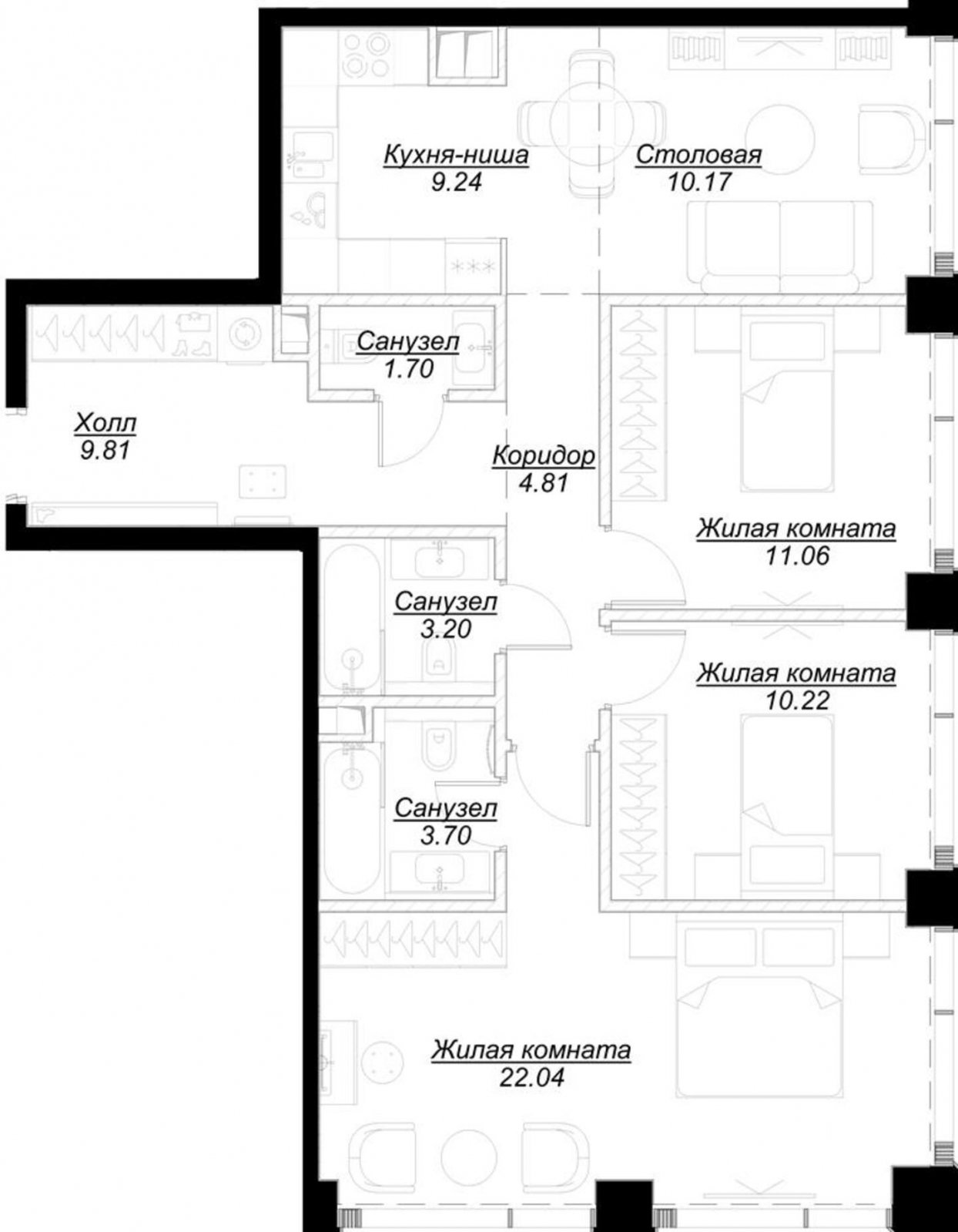 3-комнатная квартира с частичной отделкой, 85.71 м2, 36 этаж, сдача 4 квартал 2024 г., ЖК MOD, корпус Mann - объявление 2191637 - фото №1