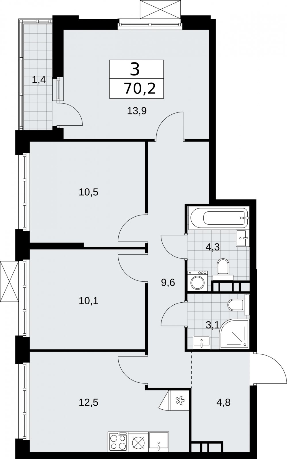 3-комнатная квартира с частичной отделкой, 70.2 м2, 5 этаж, сдача 2 квартал 2026 г., ЖК Бунинские кварталы, корпус 5.1 - объявление 2297009 - фото №1