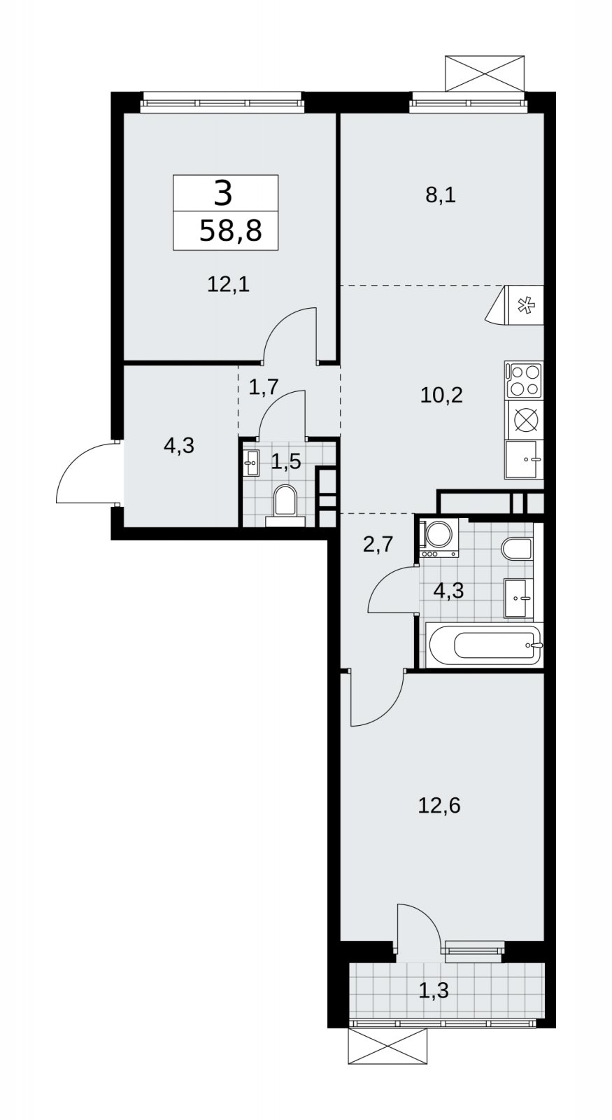 3-комнатная квартира (евро) с частичной отделкой, 58.8 м2, 11 этаж, сдача 2 квартал 2026 г., ЖК Прокшино, корпус 11.2.3 - объявление 2270229 - фото №1