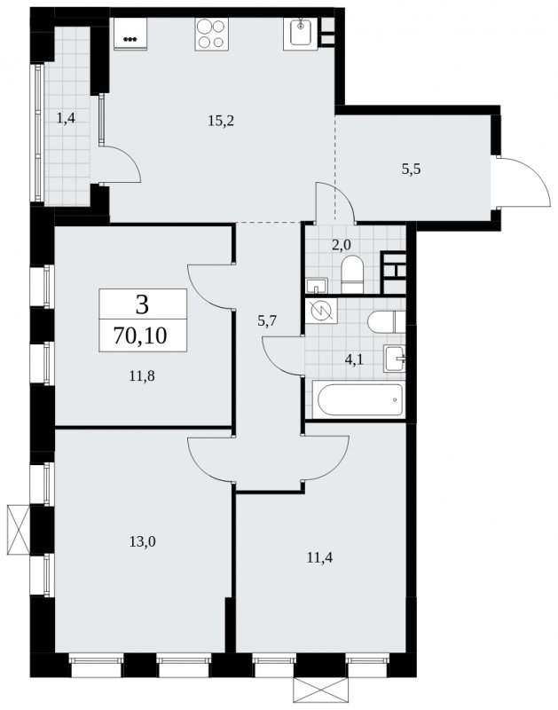 3-комнатная квартира без отделки, 70.1 м2, 3 этаж, сдача 1 квартал 2025 г., ЖК Дзен-кварталы, корпус 1.3 - объявление 1895825 - фото №1