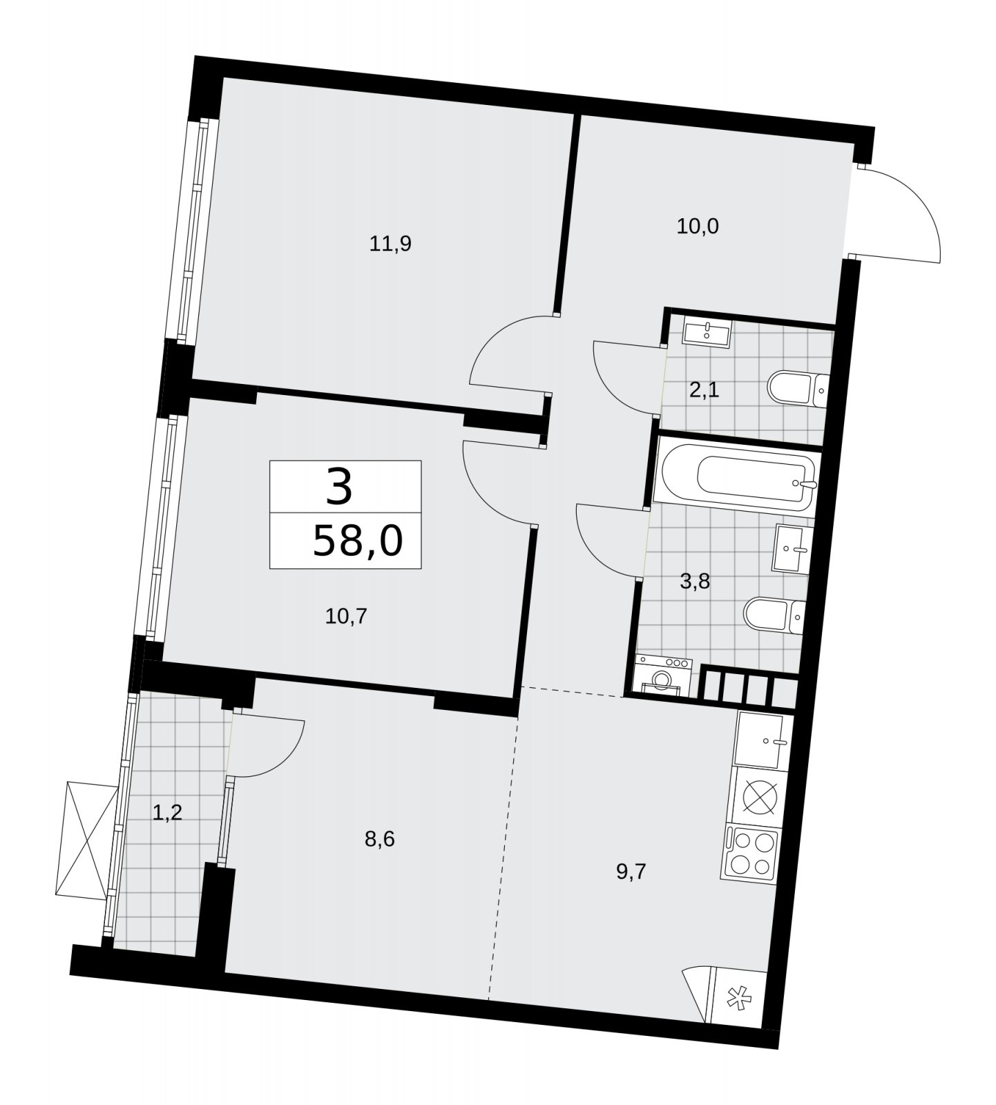 3-комнатная квартира (евро) без отделки, 58 м2, 13 этаж, сдача 1 квартал 2026 г., ЖК Деснаречье, корпус 4.1 - объявление 2263414 - фото №1