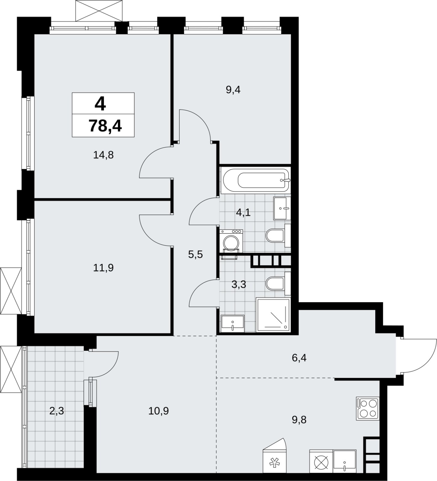 4-комнатная квартира (евро) без отделки, 78.4 м2, 11 этаж, сдача 4 квартал 2026 г., ЖК Скандинавия, корпус 2.18.1.3 - объявление 2350840 - фото №1