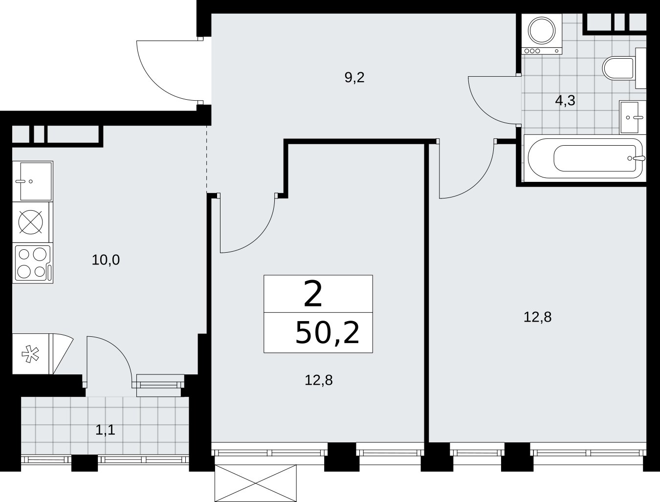 2-комнатная квартира с частичной отделкой, 50.2 м2, 12 этаж, сдача 2 квартал 2026 г., ЖК Бунинские кварталы, корпус 5.1 - объявление 2297062 - фото №1