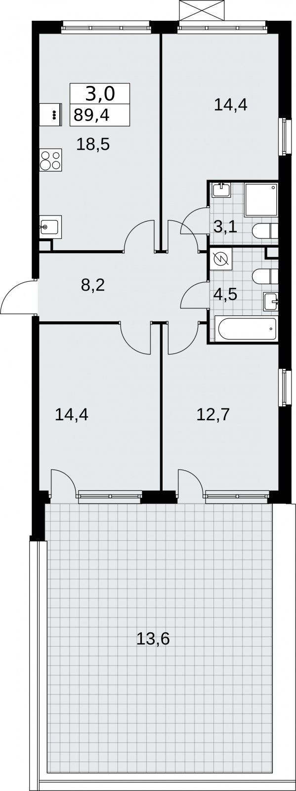 3-комнатная квартира с частичной отделкой, 89.4 м2, 2 этаж, сдача 1 квартал 2026 г., ЖК Скандинавия, корпус 37.1.3 - объявление 2334127 - фото №1