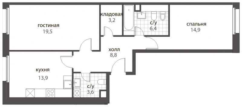 2-комнатная квартира без отделки, 70.3 м2, 2 этаж, сдача 2 квартал 2022 г., ЖК HomeCity, корпус 4 - объявление 1363863 - фото №1