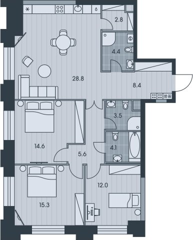 4-комнатная квартира без отделки, 99.5 м2, 27 этаж, сдача 3 квартал 2025 г., ЖК EVER, корпус 6 - объявление 2397915 - фото №1