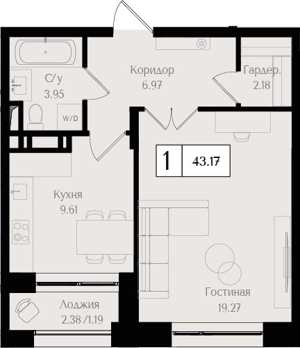 1-комнатная квартира без отделки, 43.17 м2, 17 этаж, сдача 3 квартал 2024 г., ЖК Преображенская площадь, корпус 1 - объявление 2287525 - фото №1
