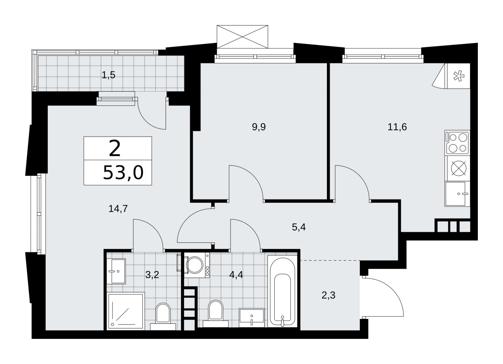 2-комнатная квартира с частичной отделкой, 53 м2, 9 этаж, сдача 1 квартал 2026 г., ЖК Прокшино, корпус 11.1.2 - объявление 2257288 - фото №1