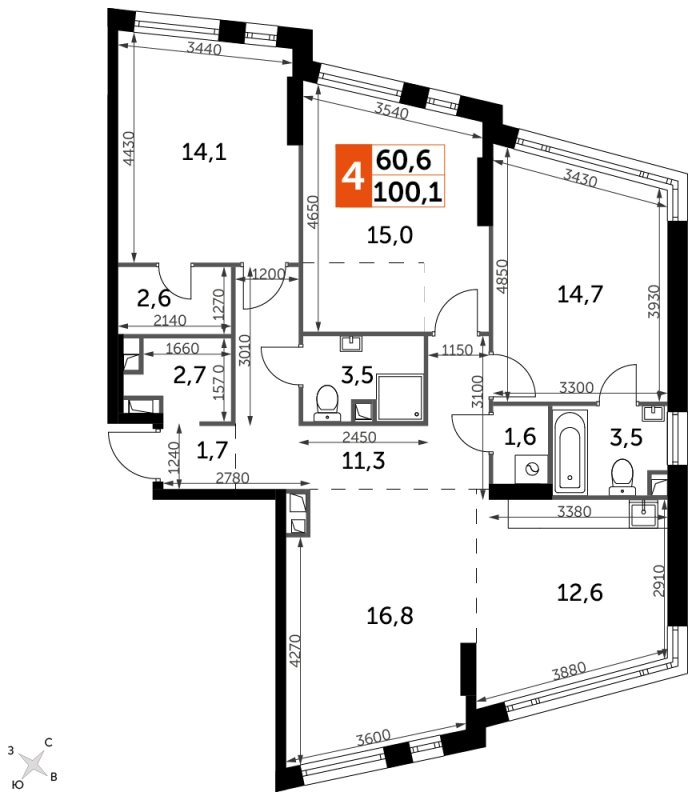 4-комнатная квартира с частичной отделкой, 100.1 м2, 8 этаж, сдача 4 квартал 2024 г., ЖК ROTTERDAM, корпус 2.1 - объявление 1849316 - фото №1