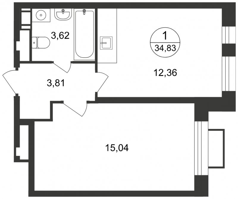 1-комнатная квартира с полной отделкой, 34.83 м2, 16 этаж, сдача 1 квартал 2023 г., ЖК Люберцы, корпус 61 - объявление 1566426 - фото №1