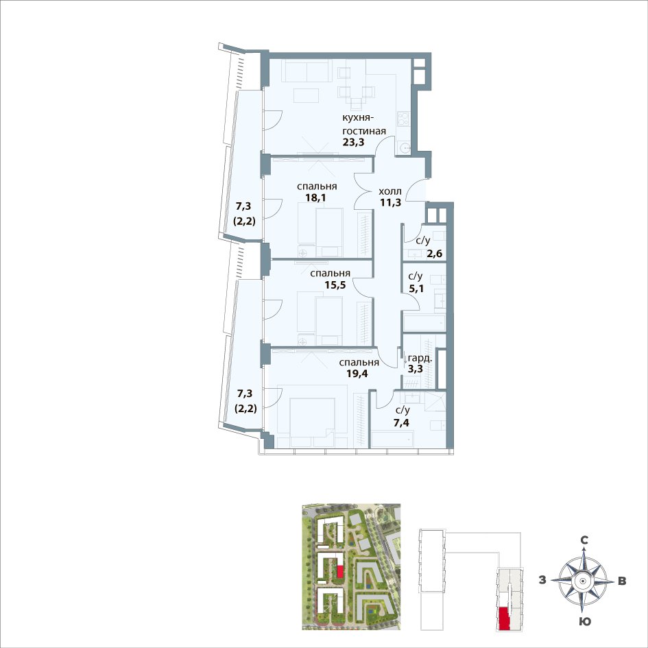 3-комнатная квартира без отделки, 110 м2, 25 этаж, дом сдан, ЖК Событие, корпус 2 - объявление 2424501 - фото №1