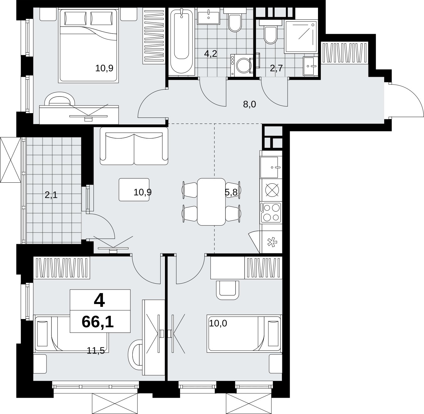 4-комнатная квартира (евро) без отделки, 66.1 м2, 12 этаж, сдача 4 квартал 2026 г., ЖК Скандинавия, корпус 2.18.2.6 - объявление 2351808 - фото №1