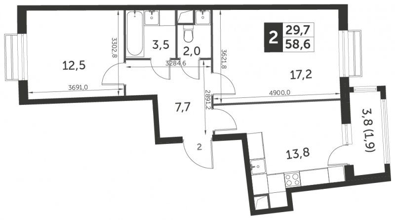2-комнатная квартира с полной отделкой, 58.6 м2, 2 этаж, сдача 3 квартал 2023 г., ЖК UP-квартал Римский, корпус 7 - объявление 1331416 - фото №1