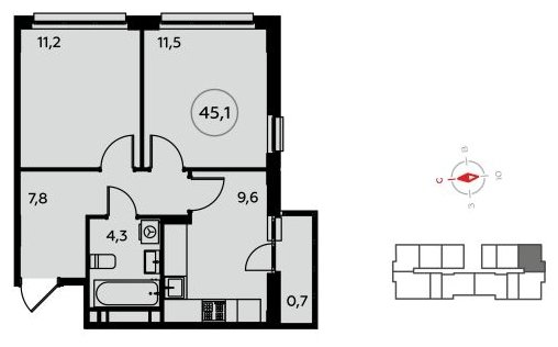 2-комнатная квартира без отделки, 45.1 м2, 13 этаж, сдача 4 квартал 2022 г., ЖК Белые ночи, корпус 3.2 - объявление 1408935 - фото №1