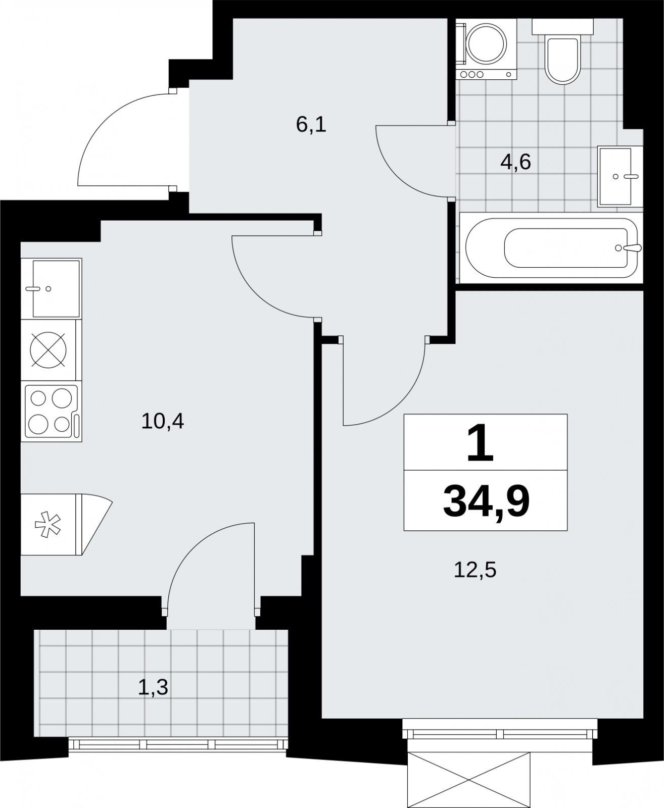 1-комнатная квартира без отделки, 34.9 м2, 9 этаж, сдача 1 квартал 2026 г., ЖК Дзен-кварталы, корпус 6.2.2 - объявление 2328685 - фото №1