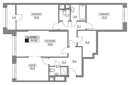 3-комнатная квартира без отделки, 84.8 м2, 5 этаж, сдача 4 квартал 2022 г., ЖК Румянцево-Парк, корпус 3 - объявление 1187741 - фото №1