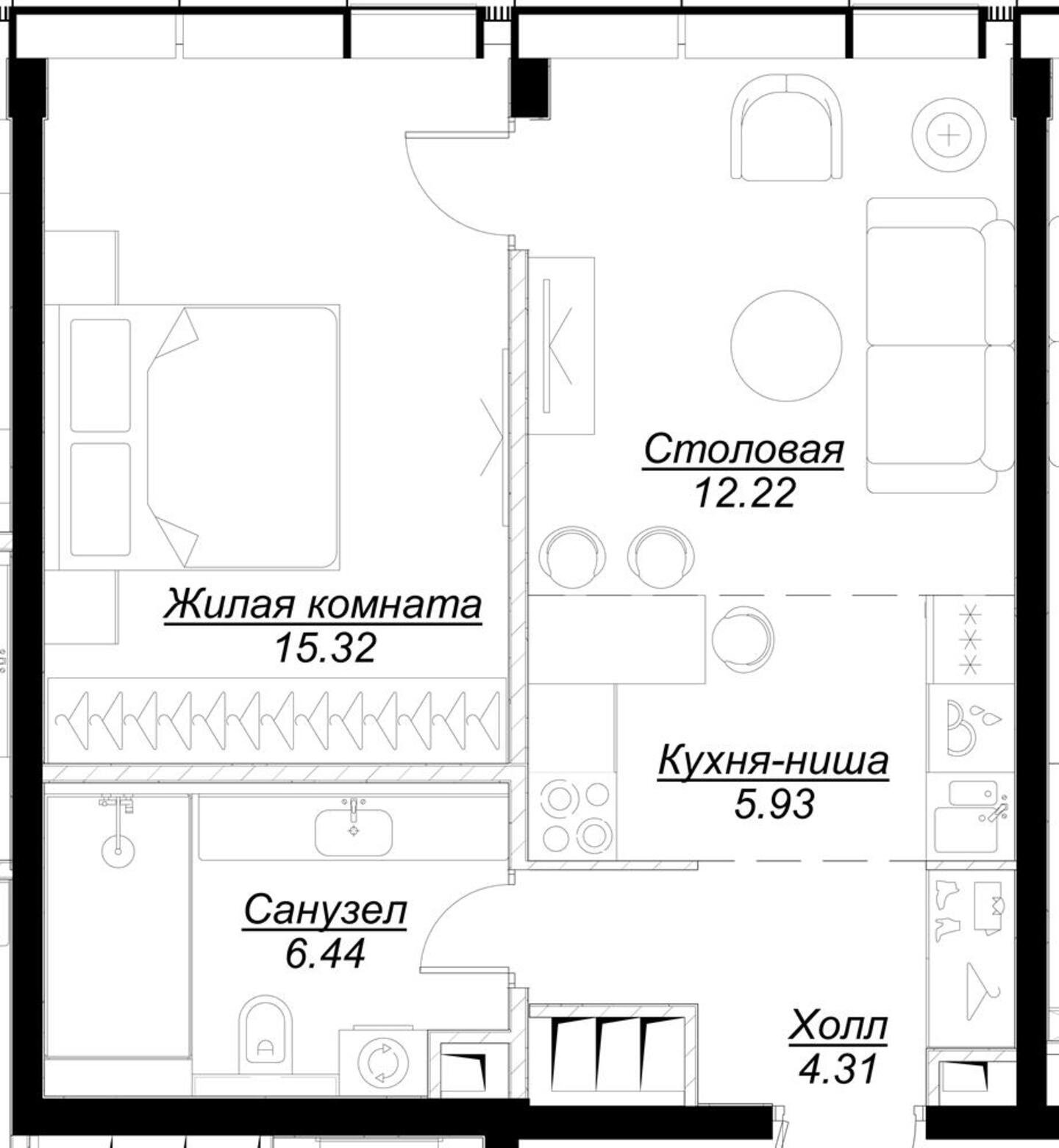1-комнатная квартира с частичной отделкой, 43.62 м2, 52 этаж, сдача 4 квартал 2024 г., ЖК MOD, корпус Dreiser - объявление 2188701 - фото №1