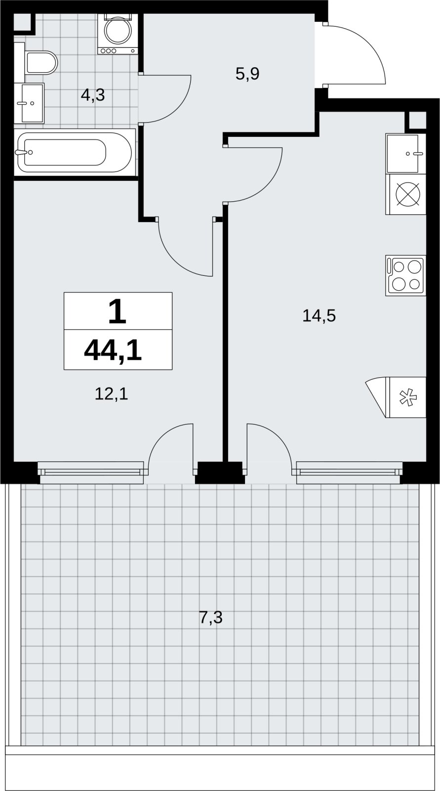 1-комнатная квартира без отделки, 44.1 м2, 2 этаж, сдача 4 квартал 2026 г., ЖК Скандинавия, корпус 2.18.1.4 - объявление 2350927 - фото №1