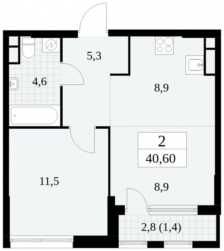 2-комнатная квартира (евро) с полной отделкой, 40.6 м2, 12 этаж, сдача 2 квартал 2025 г., ЖК Южные сады, корпус 2.1 - объявление 1759989 - фото №1