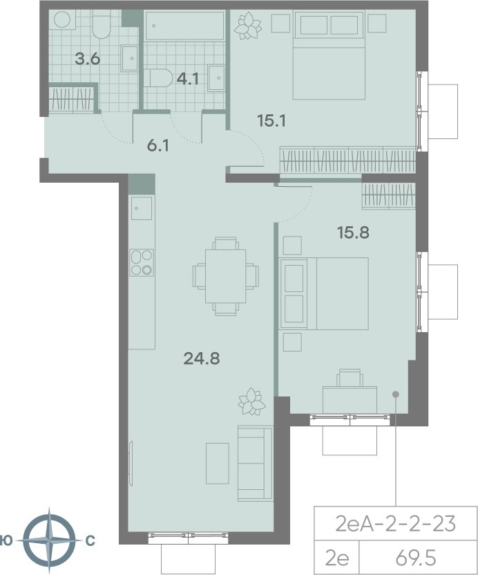 2-комнатная квартира 69.5 м2, 2 этаж, сдача 3 квартал 2025 г., ЖК Парксайд, корпус 1 - объявление 2185136 - фото №1