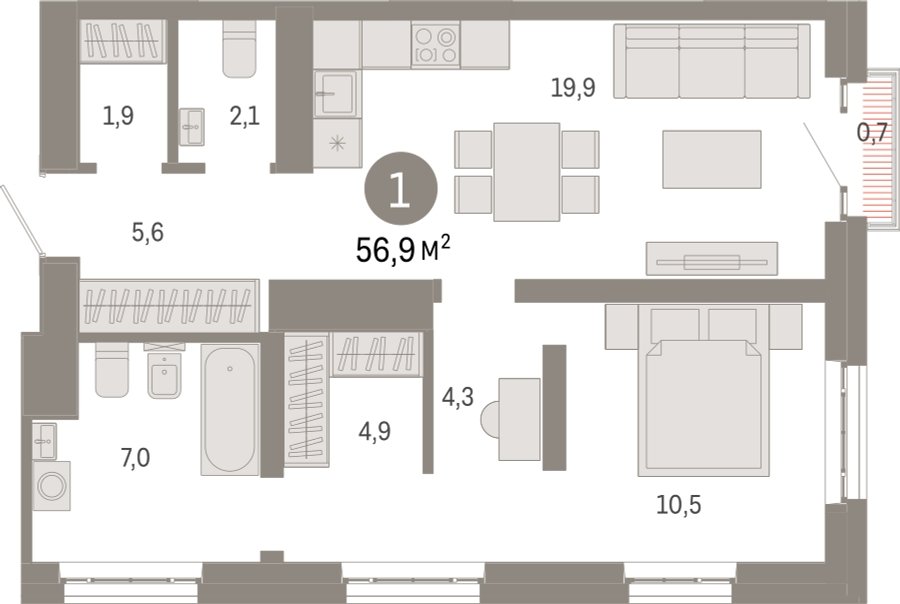 1-комнатная квартира с частичной отделкой, 56.9 м2, 25 этаж, сдача 3 квартал 2026 г., ЖК Квартал Метроном, корпус 1 - объявление 2338674 - фото №1