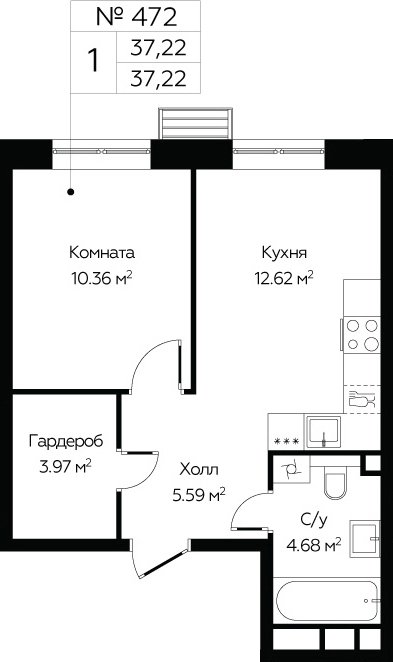1-комнатные апартаменты без отделки, 37.22 м2, 7 этаж, сдача 4 квартал 2024 г., ЖК Сити комплекс «MirrorЗдание», корпус 1 - объявление 2276399 - фото №1