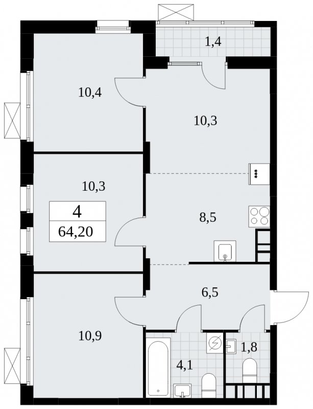 4-комнатная квартира (евро) с частичной отделкой, 64.2 м2, 7 этаж, сдача 1 квартал 2025 г., ЖК Дзен-кварталы, корпус 1.2 - объявление 1895783 - фото №1
