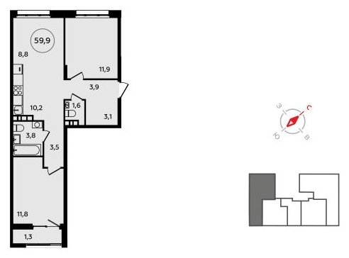 3-комнатная квартира (евро) без отделки, 59.9 м2, 5 этаж, сдача 3 квартал 2023 г., ЖК Прокшино, корпус 4.6 - объявление 1877413 - фото №1